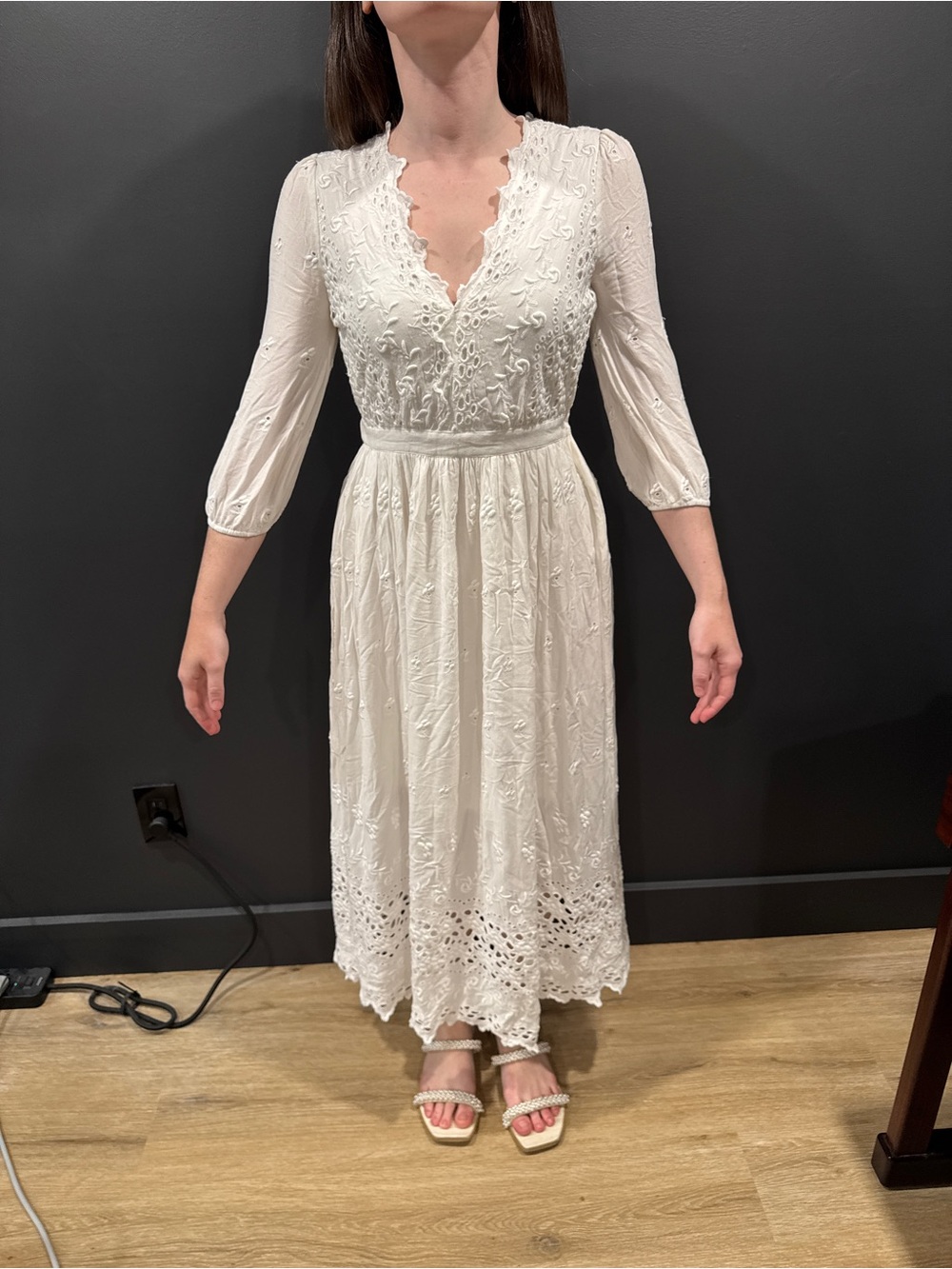 Embroidered White V-Neck Midi Dress with Three-Quarter Sleeves